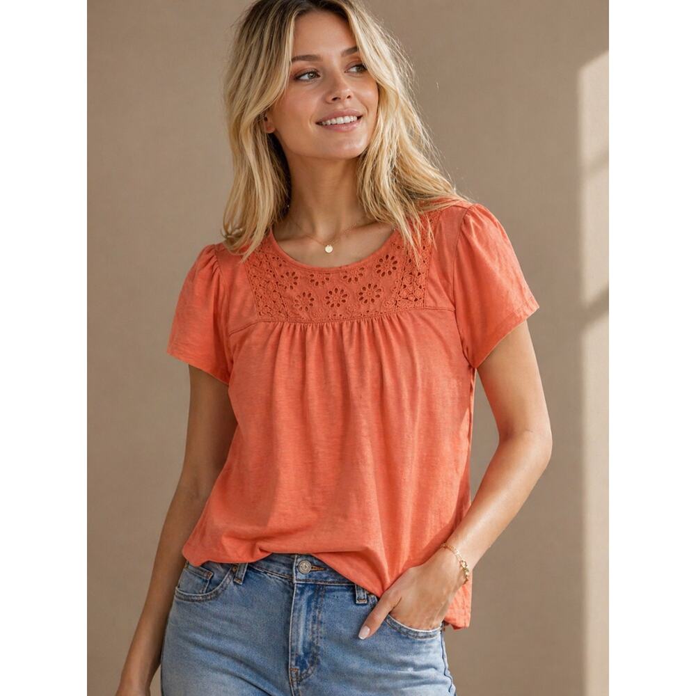 LR1108 Ela Moss Coral Lace Yoke Top Large Short Sleeve Soft Casual Blouse